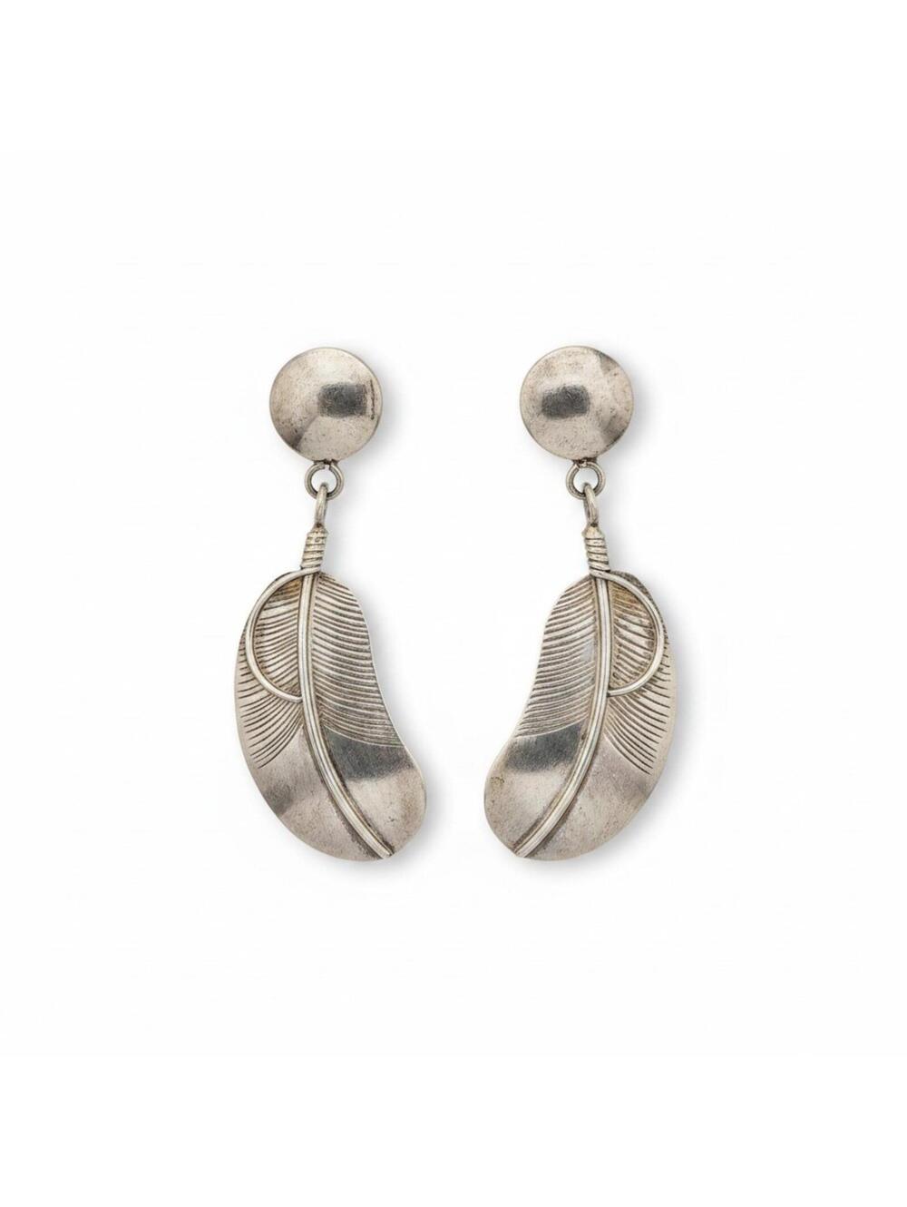 Authentic Navajo Chester Charley Sterling Silver Feather Earrings 1.5”